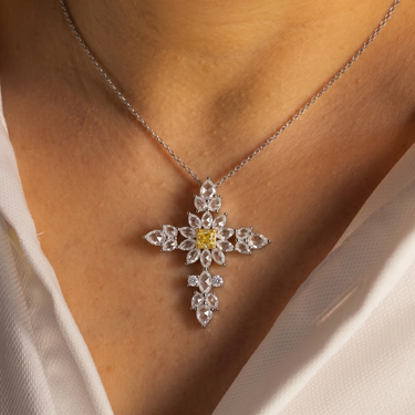Fancy Custom Cut Yellow Cushion Cut Diamond Cross Necklace