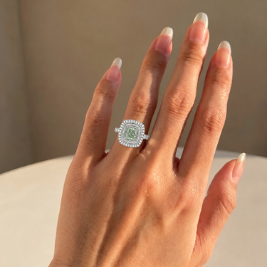 Cushion Cut Green Diamond 3 Row Halo Engagement Ring