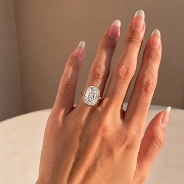 Elongated Old Mine Cut Diamond Bezel Engagement Ring