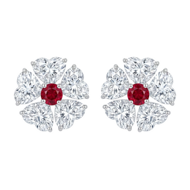 3CTW Lab Grown Ruby Heart Diamond Flower Stud Earrings