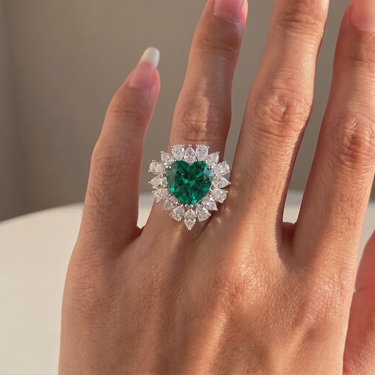 5.68ct Heart Shaped Emerald Ring With Pear Diamond Halo