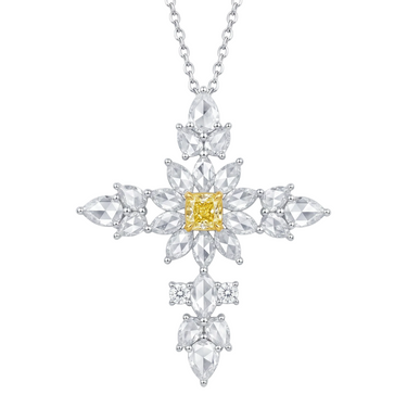 Fancy Custom Cut Yellow Cushion Cut Diamond Cross Necklace