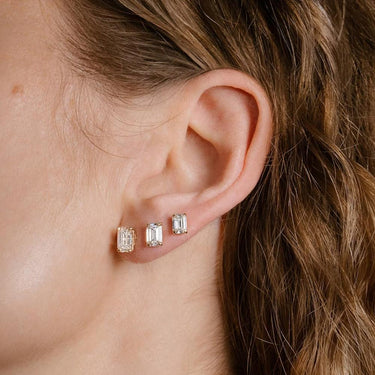 Solitaire Emerald Diamond Earring in Four Prong Setting - Le Bezel