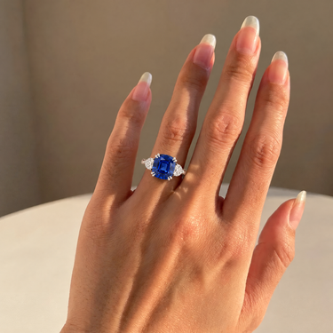 Lab Grown Cushion Cut Sapphire Three Stone Diamond Engagement Ring