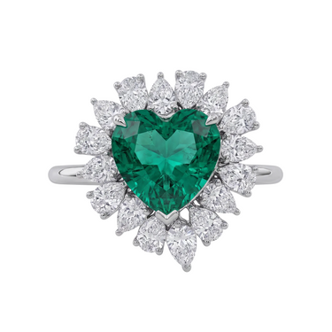 5.68ct Heart Shaped Emerald Ring With Pear Diamond Halo