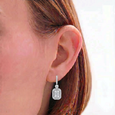 Emerald Cut Halo Drop Hoop Earrings