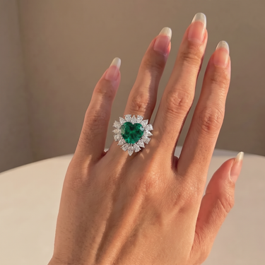 5.68ct Heart Shaped Emerald Ring With Pear Diamond Halo