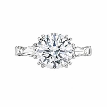 Round Cut 8 Prong Three Stone Baguette Cut Side Stone Diamond Engagement Ring