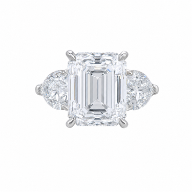 Emerald Cut Three Stone Diamond Engagement Ring With Heart Side Stones