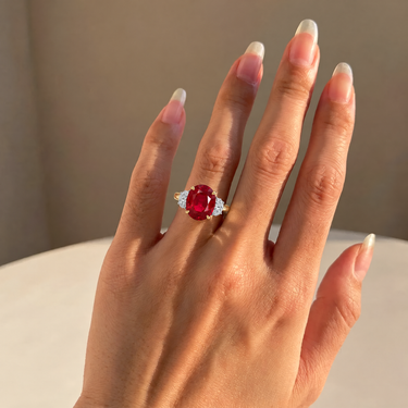 Lab Grown Oval Cut Ruby Three Stone Engagement Ring