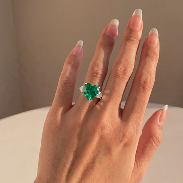 11 Carat Lab Grown Emerald Heart Cut Three Stone Ring