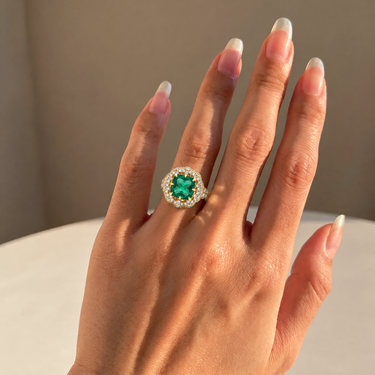 Lab Grown Emerald Sugar Loaf Vintage Style Engagement Ring