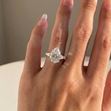 Pear Cut 5 Prong Three Stone Diamond Engagement Ring With Step Cut