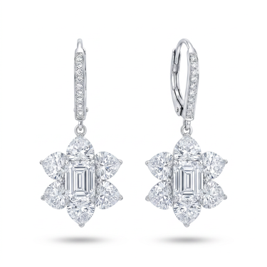3CTW Emerald Cut Diamond Flower Drop Earrings
