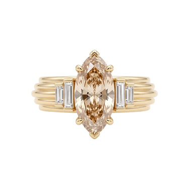 Champagne Moval Cut Diamond Engagement Ring With Baguette Side Stones