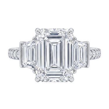 Emerald Cut Diamond Three Stone Ring With Shield Side Stones
