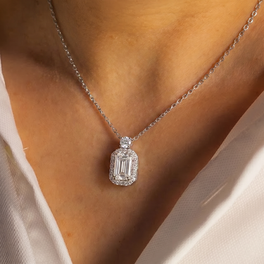 Round and Emerald Cut Diamond Halo Pendant Necklace