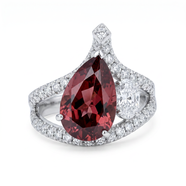 Pear-Cut Red Diamond and Oval Cut Diamond Bypass Ring
