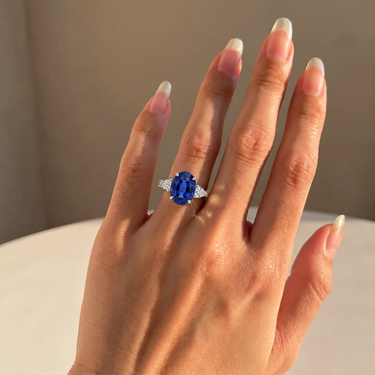 Lab Grown Sapphire Oval Cut Three Stone Engagement Ring