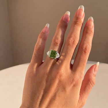 Green Princess Cut Diamond Trapezoid Three Stone Ring