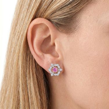Lab Grown Pink Sapphire Floral Halo Diamond Stud Earrings 2CTW