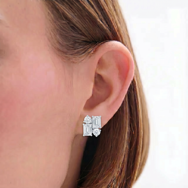 Emerald-Cut & Round Diamond Cluster Stud Earrings