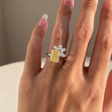 Radiant Cut Yellow Diamond Marquise Side Cluster Diamond Engagement Ring