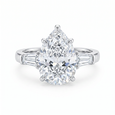 Pear Cut 5 Prong Three Stone Diamond Engagement Ring With Step Cut