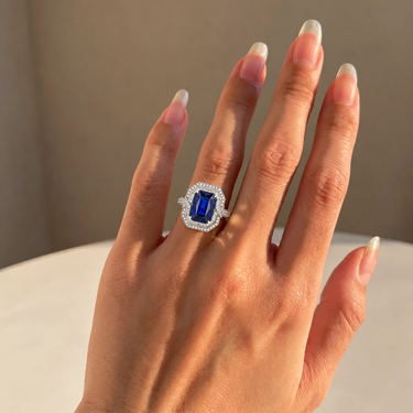Lab Grown Sapphire Emerald Cut Halo Engagement Ring