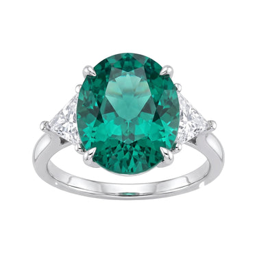 7.6ct Oval Lab Grown Emerald Ring With Trillion Diamond Side Stones