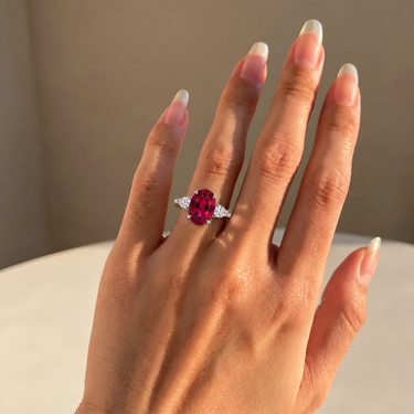 Lab Grown Ruby Oval Cut Three Stone Engagement Ring