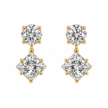 Round And Princess Cut Diamond Drop Stud Earrings