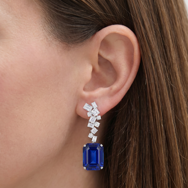 68CTW Lab Grown Emerald Cut Sapphire Diamond Cluster Drop Earrings