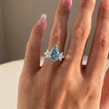 Pear Cut Blue Diamond Marquise Cluster Diamond Engagement Ring