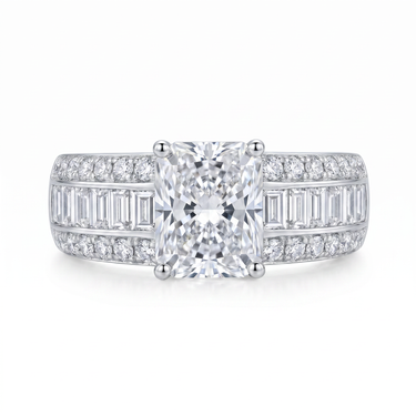 Radiant Cut Lab Grown Diamond Engagement Ring with Baguette and Pavé Band