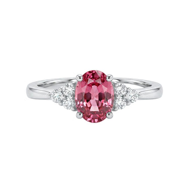 1.5CT Lab Grown Padparadscha Sapphire Three Stone Diamond Engagement Ring