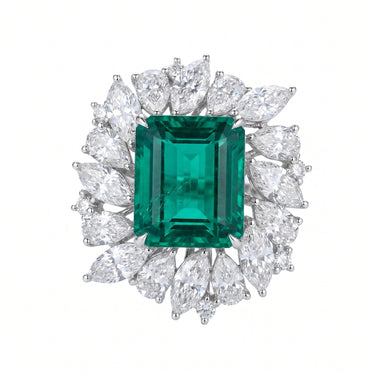 8.75CTW Lab Grown Emerald Floral Diamond Cluster Engagement Ring