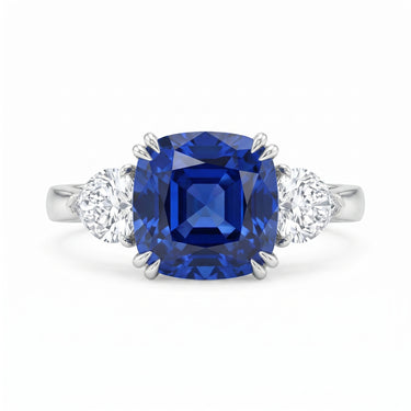 3CT Lab Grown Cushion Cut Sapphire Three Stone Diamond Engagement Ring