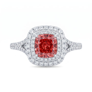 1CT Cushion Cut Red Diamond Double Halo Engagement Ring