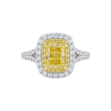 3CT Cushion Cut Double Halo Yellow Diamond Engagement Ring