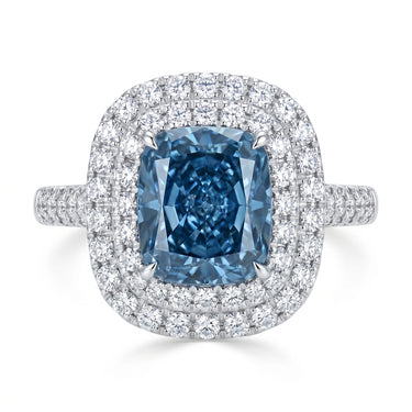 3CT Double Halo Cushion Cut Blue Diamond Engagement Ring