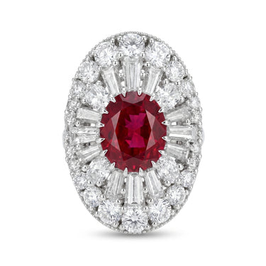 16CTW Lab Grown Ruby Vintage Deco Shield Shaped Diamond Engagement Ring