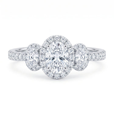 Three Stone Oval Halo Diamond Engagement Ring