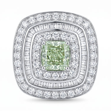 2CTW Cushion Cut Green Diamond 3 Row Halo Engagement Ring