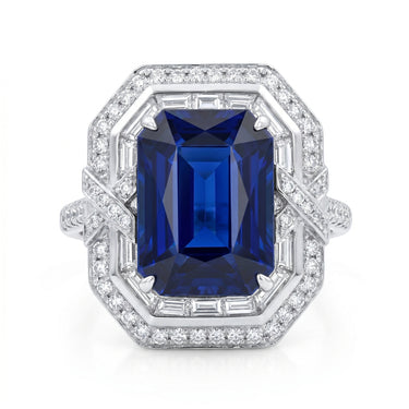 7CTW Lab Grown Sapphire Emerald Cut Halo Engagement Ring