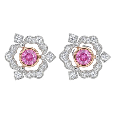 Lab Grown Pink Sapphire Floral Halo Diamond Stud Earrings 2CTW