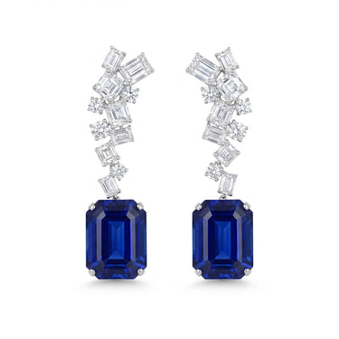 68CTW Lab Grown Emerald Cut Sapphire Diamond Cluster Drop Earrings