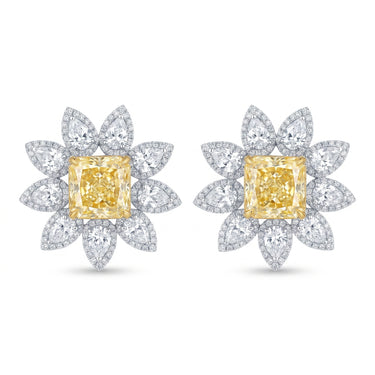 14.8CTW Yellow Diamond Floral Halo Stud Earrings