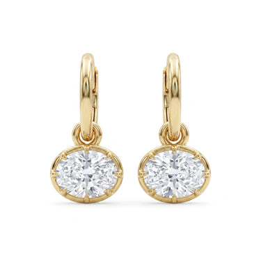 Oval Solitaire Bezel 8Prong Diamond Drop Huggie Earrings