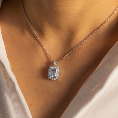 Emerald Cut Aquamarine Halo Pendant Necklace